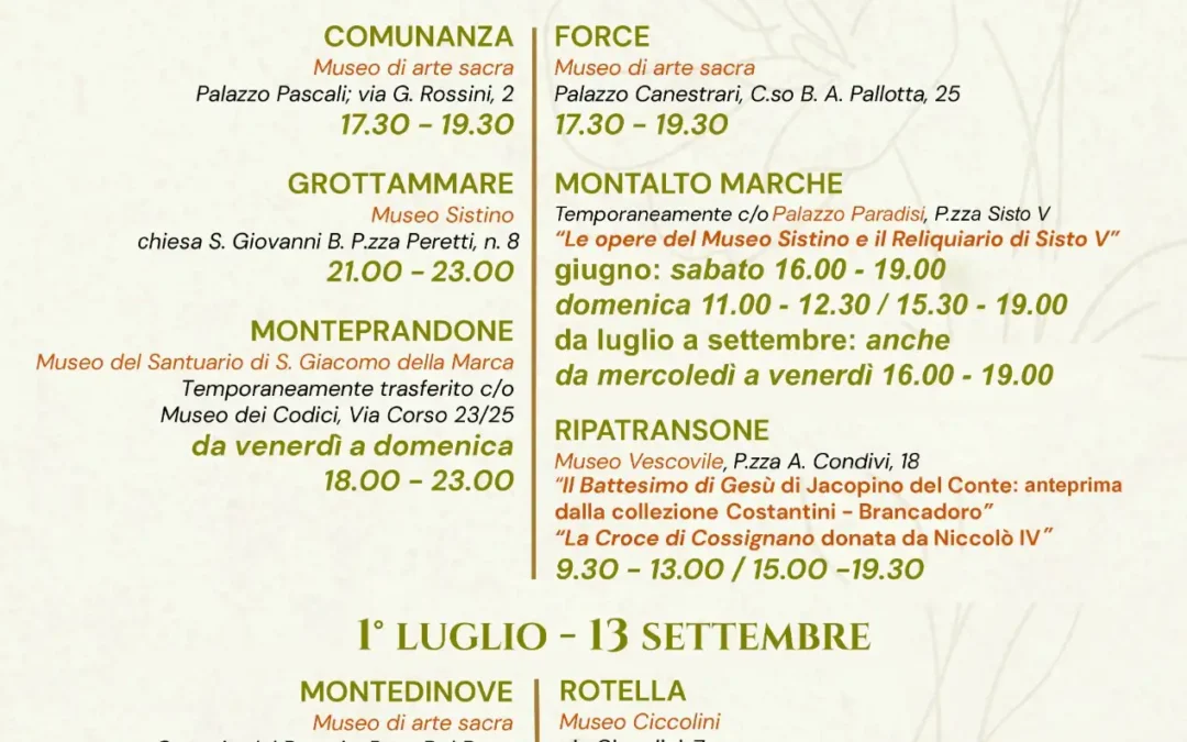 Musei Sistini del Piceno: aperture estive 2026
